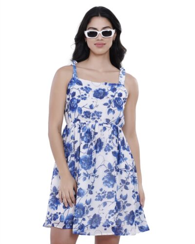 blue blossom tie strap summer dress for women
